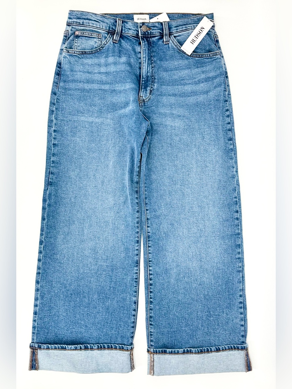 Hudson Jeans Wide Leg Cuffed Jeans in Light Blue Denim - Picture 7 of 14